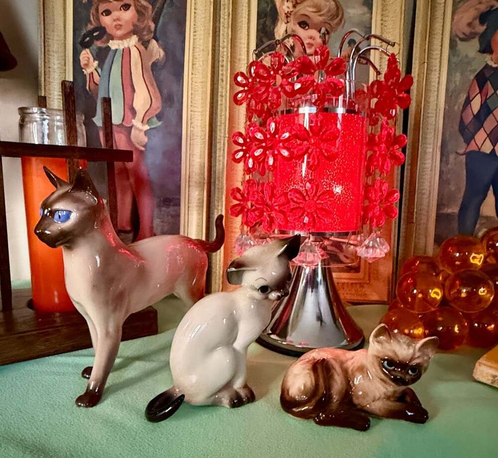 Vintage 1960's 3 PC Sitting Siamese Cat Porcelain Ceramic Figurines